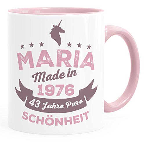 SpecialMe® Kaffee-Tasse mit Namen Geschenk Frau personalisierbares Motiv Geburtsjahr personalisierte Geburtstags-Geschenke Einhorn inner-rosa Keramik-Tasse von SpecialMe