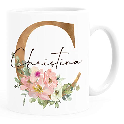 SpecialMe® Kaffee-Tasse mit Namen personalisiert Anfangsbuchstabe Initiale Monogram Blumen persönliche Geschenke weiß Keramik-Tasse von SpecialMe