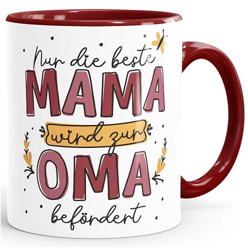 SpecialMe® Kaffee-Tasse mit Spruch Nur die beste Mama wird zur Oma befördert Geschenk Muttertag Großmutter weiss-innen-bordeauxrot Keramik-Tasse von SpecialMe