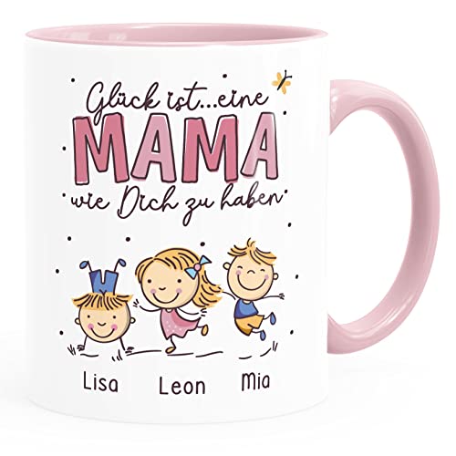 SpecialMe® Kaffee-Tasse personalisiert Kinder-Namen Glück ist eine Mama wie dich zu haben Geschenk Muttertag weiss-innen-rosa Keramik-Tasse von SpecialMe