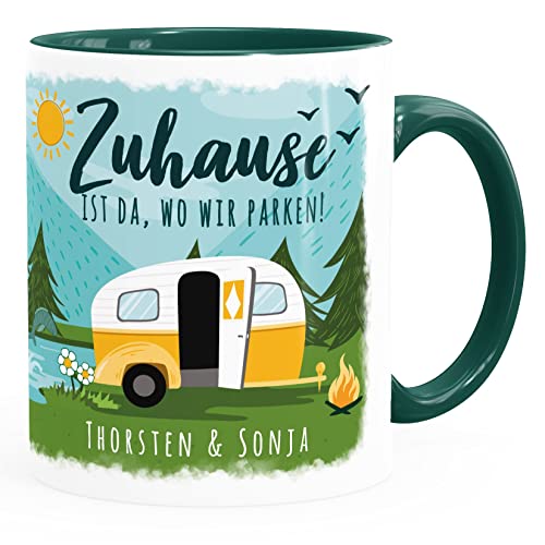 SpecialMe® Kaffee-Tasse personalisiert mit Namen Zuhause ist da wo wir parken Wohnwagen Camping Geschenke weiß-innen-grün standard von SpecialMe