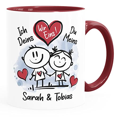 SpecialMe® Kaffee-Tasse personalisiert verliebte Strichmännchem Spruch Ich Deins Du Meins Wunschnamen Geschenk Liebe weiss-innen-bordeauxrot Keramik-Tasse von SpecialMe