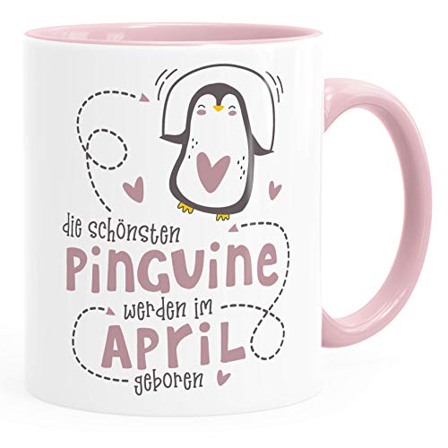 SpecialMe® Kaffeetasse Die Schönsten Pinguine werden im April geboren Geschenk zum Geburtstag inner-rosa Keramik-Tasse von SpecialMe
