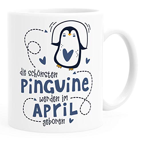 SpecialMe® Kaffeetasse Die Schönsten Pinguine werden im April geboren Geschenk zum Geburtstag weiß - navy Keramik-Tasse von SpecialMe