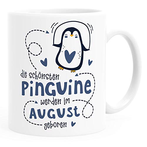 SpecialMe® Kaffeetasse Die Schönsten Pinguine werden im August geboren Geschenk zum Geburtstag weiß - navy Keramik-Tasse von SpecialMe