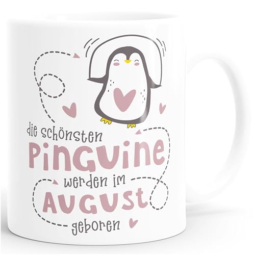 SpecialMe® Kaffeetasse Die Schönsten Pinguine werden im August geboren Geschenk zum Geburtstag weiß-rosa Keramik-Tasse von SpecialMe