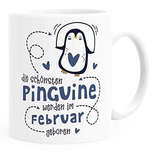 SpecialMe® Kaffeetasse Die Schönsten Pinguine werden im Februar geboren Geschenk zum Geburtstag weiß - navy Keramik-Tasse von SpecialMe