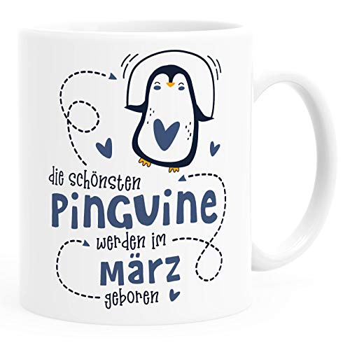 SpecialMe® Kaffeetasse Die Schönsten Pinguine werden im März geboren Geschenk zum Geburtstag weiß - navy Keramik-Tasse von SpecialMe