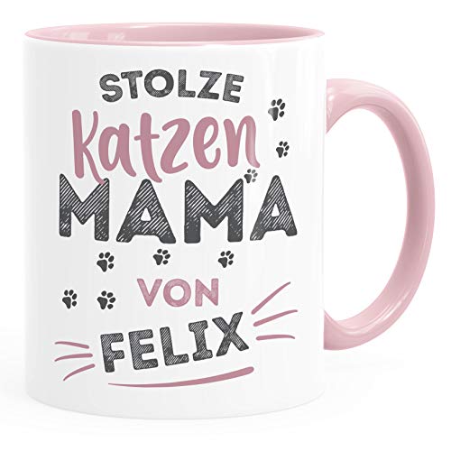 SpecialMe® Kaffeetasse Geschenk Katzenbesitzer Spruch personalisierbar stolze/r Katzenmama/Katzenpapa von und Katzen-Name Mama inner-rosa Keramik-Tasse von SpecialMe