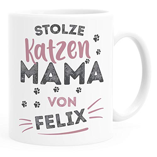 SpecialMe® Kaffeetasse Geschenk Katzenbesitzer Spruch personalisierbar stolze/r Katzenmama/Katzenpapa von und Katzen-Name Mama weiß Keramik-Tasse von SpecialMe