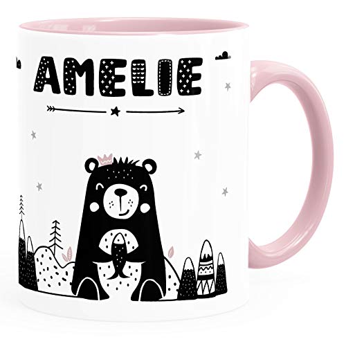 SpecialMe® Kinder-Tasse Bär Tiere Scandi-Style personalisierte Namenstasse für Kinder Mädchen inner-rosa Keramik-Tasse von SpecialMe