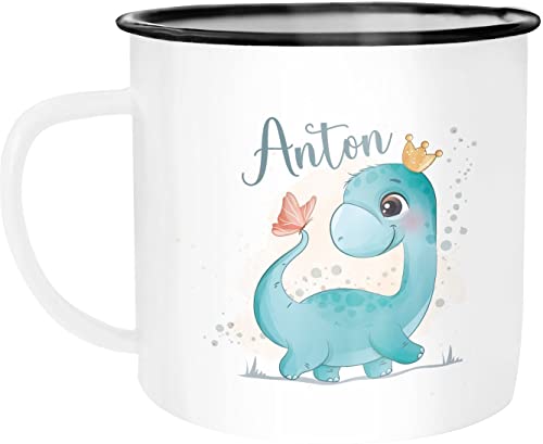 SpecialMe® Kinder-Tasse Emaille Dino Dinosaurier Schmetterling personalisierte Tasse mit Name individuelle Geschenke Jungen emaille-weiß-schwarz standard von SpecialMe