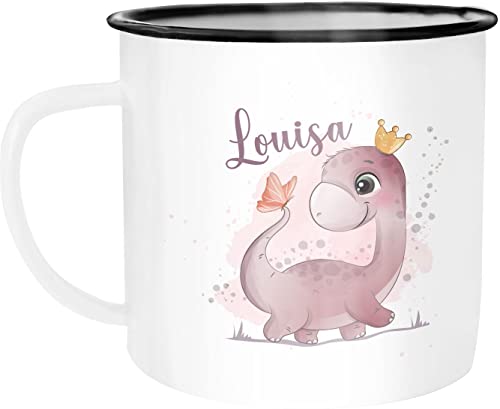 SpecialMe® Kinder-Tasse Emaille Dino Dinosaurier Schmetterling personalisierte Tasse mit Name individuelle Geschenke Mädchen emaille-weiß-schwarz standard von SpecialMe