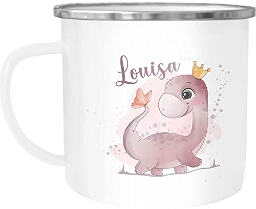 SpecialMe® Kinder-Tasse Emaille Dino Dinosaurier Schmetterling personalisierte Tasse mit Name individuelle Geschenke Mädchen emaille-weiß-silber standard von SpecialMe