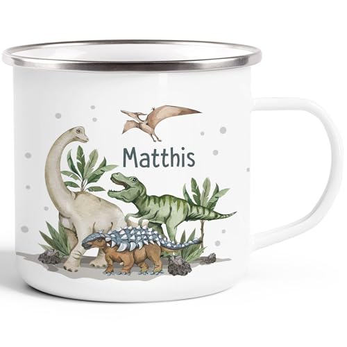 SpecialMe® Kinder-Tasse Emaille Dino mit Namen personalisiert Dinosaurier Namenstasse individuelle Geschenke emaille-weiß-silber standard von SpecialMe