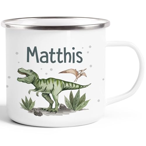 SpecialMe® Kinder-Tasse Emaille Dino mit Namen personalisiert Dinosaurier T-Rex Namenstasse individuelle Geschenke emaille-weiß-silber standard von SpecialMe