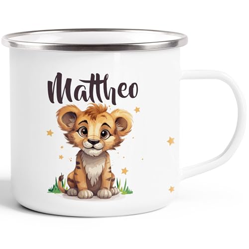 SpecialMe® Kinder-Tasse Emaille Kunststoff Kleiner Baby Löwe Name Namenstasse personalisierte Geschenke Jungen Mädchen emaille-weiß-silber standard von SpecialMe