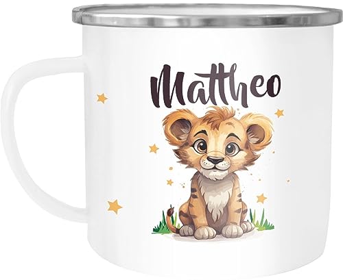 SpecialMe® Kinder-Tasse Emaille Kunststoff Kleiner Baby Löwe Name Namenstasse personalisierte Geschenke Jungen Mädchen emaille-weiss-silber standard von SpecialMe