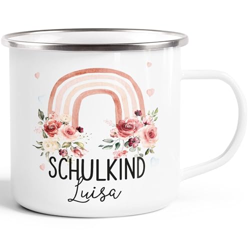 SpecialMe® Kinder-Tasse Emaille Regenbogen Einschulung personalisiert Namenstasse Schulkind 2025 individuelle Geschenke erste Klasse Weiss-silber standard von SpecialMe