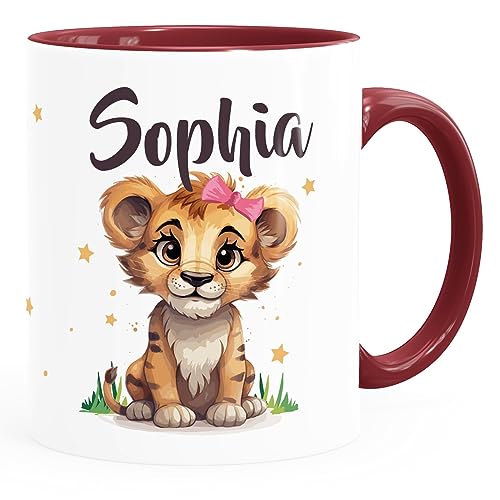 SpecialMe® Kinder-Tasse Motiv Baby Löwin Name personalisierte Namenstasse für Mädchen mit Tiermotiv weiss-innen-bordeauxrot standard von SpecialMe