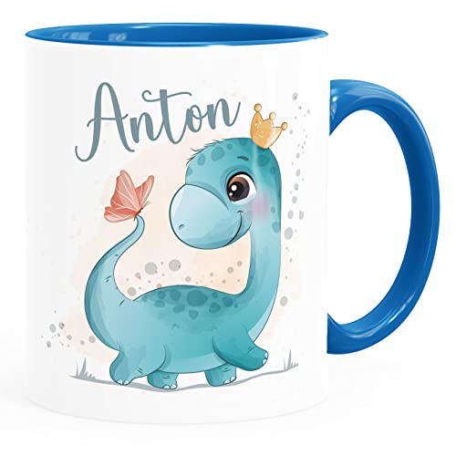 SpecialMe® Kindertasse Dino Dinosaurier Schmetterling personalisierte Tasse mit Name aus Keramik für Kinder Jungen Mädchen Jungen weiß-innen-blau standard von SpecialMe