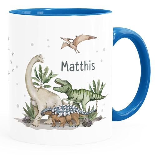 SpecialMe® Kindertasse Dino mit Namen personalisiert Dinosaurier T-Rex Tasse aus Keramik für Kinder Jungen Mädchen weiß-innen-blau standard von SpecialMe