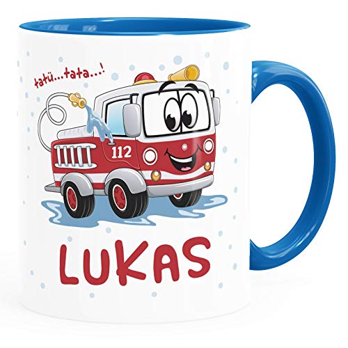 SpecialMe® Kindertasse Personalisiert Feuerwehrauto Tatü Tata Namenstasse Kinder Jungen Mädchen Kinderbecher Keramik inner-blau Keramik-Tasse von SpecialMe