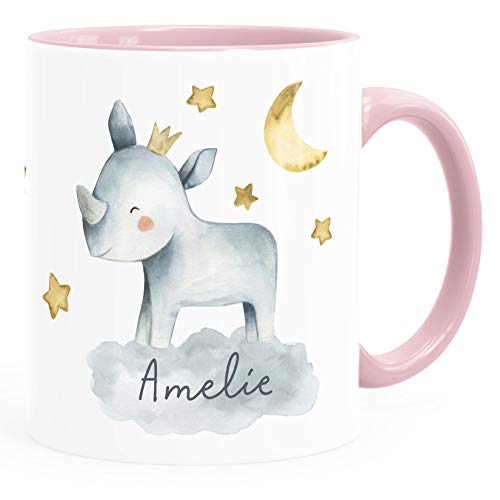 SpecialMe® Kindertasse Safari Tiere Nashorn Löwe Elefant personalisierte Namenstasse für Jungen & Mädchen Keramik-Beche Nashorn inner-rosa Keramik-Tasse von SpecialMe