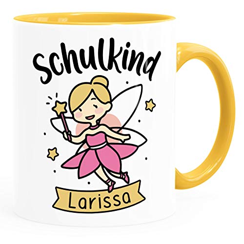 SpecialMe® Kindertasse Schulkind Wunschname Geschenk zur Einschulung für Mädchen personalisiert inner-gelb Keramik-Tasse von SpecialMe