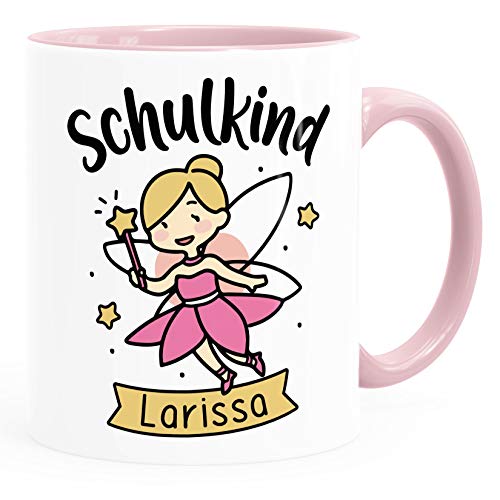 SpecialMe® Kindertasse Schulkind Wunschname Geschenk zur Einschulung für Mädchen personalisiert inner-rosa Keramik-Tasse von SpecialMe
