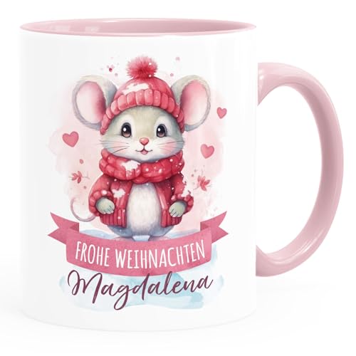 SpecialMe® Kindertasse Weihnachten Tier-Motive personalisiert mit Namen Namenstasse Geschenk für Jungen und Mädchen Maus 2 weiss-innen-rosa standard von SpecialMe