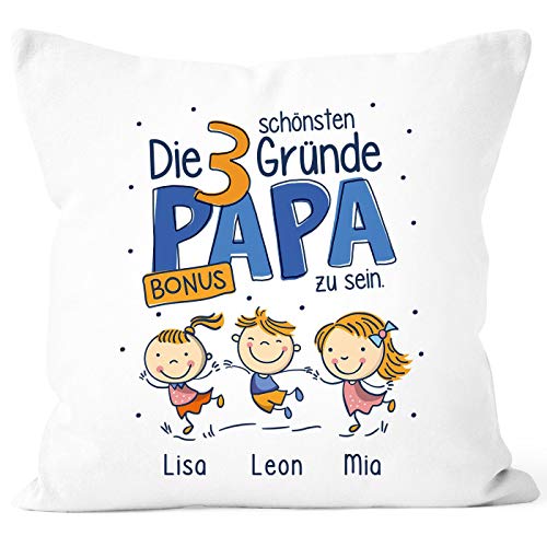 SpecialMe® Kissen-Bezug Die schönsten Gründe Papa zu Sein personalisiert mit Namen 1,2,3,4 Kinder Bonus Papa weiß 40cm x 40cm von SpecialMe