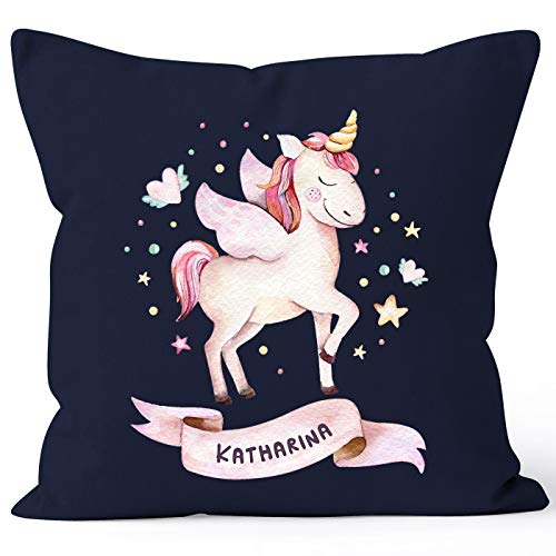 SpecialMe® Kissen-Bezug Einhorn mit Namen Kissen-Hülle Namenskissen Baumwolle personalisierte Geschenke Dekokissen Navy Unisize von SpecialMe