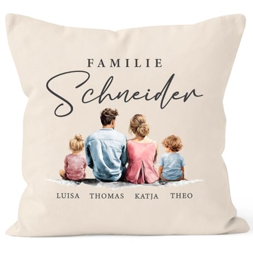 SpecialMe® Kissen-Bezug Familie personalisierbar mit Namen Figuren Eltern Kinder Haustiere Aqarell Watercolor Natur Standard von SpecialMe