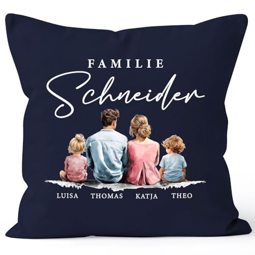 SpecialMe® Kissen-Bezug Familie personalisierbar mit Namen Figuren Eltern Kinder Haustiere Aqarell Watercolor Navy Standard von SpecialMe