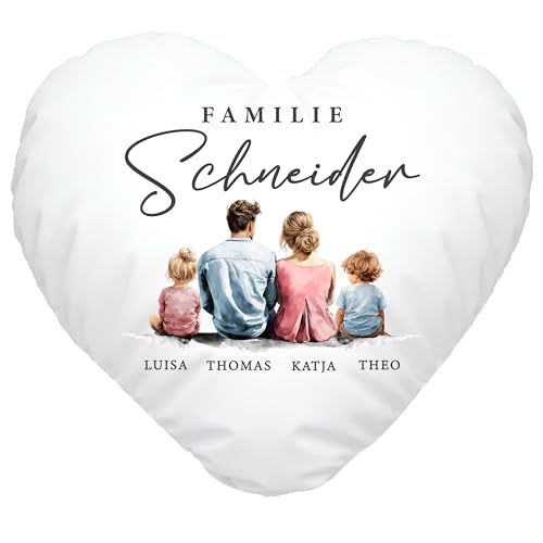 SpecialMe® Kissen-Bezug Familie personalisierbar mit Namen Figuren Eltern Kinder Haustiere Aqarell Watercolor weiß-Herz Standard von SpecialMe