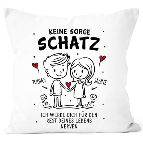 SpecialMe® Kissen-Bezug Geschenk Liebe personalisiert Strichmännchen Pärchen mit Spruch lustig Keine Sorge Schatz weiß Standard von SpecialMe