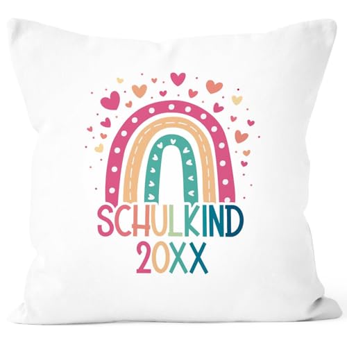 SpecialMe® Kissen-Bezug Kinder Einschulung 2025 personalisiert mit Einschulungsjahr Schriftzug Schulkind Regenbogen Aufdruck Weiss Standard von SpecialMe