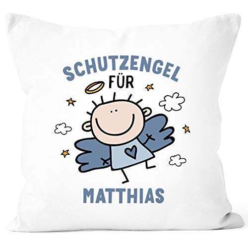 SpecialMe® Kissen-Bezug Schutzengel mit Namen Engel Glücksbringer Glückskissen personalisierte Geschenke Dekokissen weiß-blau Unisize von SpecialMe