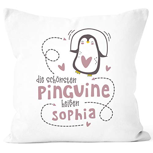 SpecialMe® Kissen-Bezug Spruch die schönsten Pinguine heißen - Dein Name - personalisierbare Geschenke Geburtstag Rosa weiß Unisize von SpecialMe