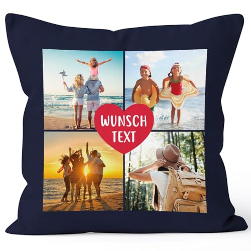 SpecialMe® Kissen-Bezug mit Foto-Collage 4 eigene Bilder und Wunschtext persönliche Geschenkidee personalisierbar Baumwolle Navy Standard von SpecialMe