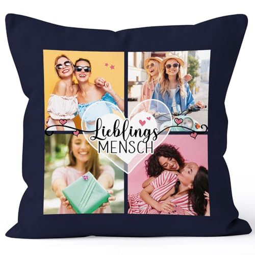SpecialMe® Kissen-Bezug mit Foto-Collage personalisiert mit bis zu 4 Bildern Wunschtext Fotogeschenk Beste Freundin Freundschaftsgeschenk Navy Standard von SpecialMe
