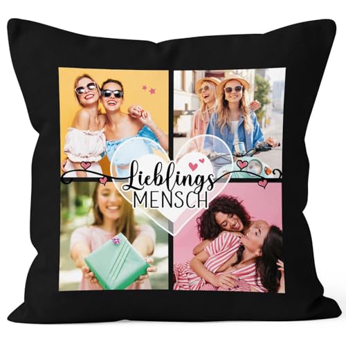 SpecialMe® Kissen-Bezug mit Foto-Collage personalisiert mit bis zu 4 Bildern Wunschtext Fotogeschenk Beste Freundin Freundschaftsgeschenk schwarz Standard von SpecialMe