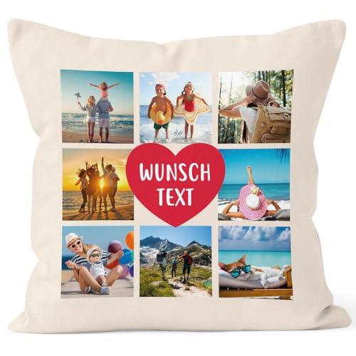 SpecialMe® Kissen-Bezug mit Foto Fotocollage bis zu 8 eigene Bilder Wunschtext Geschenk personalisierbar Baumwolle Natur Standard von SpecialMe