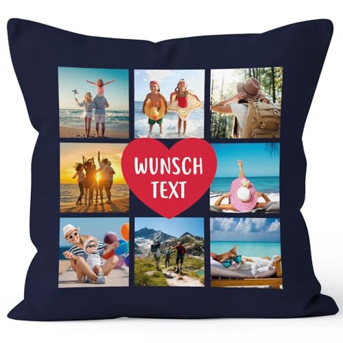 SpecialMe® Kissen-Bezug mit Foto Fotocollage bis zu 8 eigene Bilder Wunschtext Geschenk personalisierbar Baumwolle Navy Standard von SpecialMe