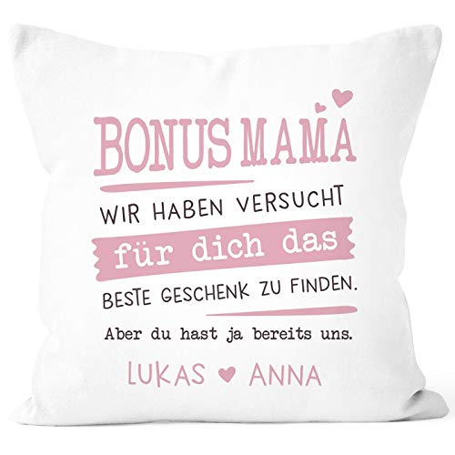 SpecialMe® Kissen-Bezug personalisiertes Geschenk Spruch Papa/Mama wir Habe versucht Finden anpassbare Namen Dekokissen Bonusmama - 2+ Namen weiß 40cm x 40cm von SpecialMe