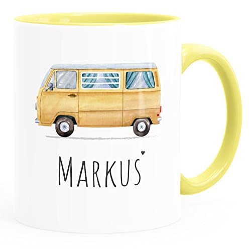 SpecialMe® Namenstasse Camping Bus Camper personalisierte Kaffee-Tasse mit Namen persönliche Geschenke weiss-innen-hellgelb standard von SpecialMe