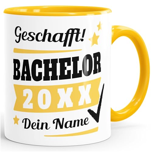 SpecialMe® Tasse Bachelor Abschluss personalisiert mit Namen und Jahr Geschenk Student Studentin Bachelorarbeit inner-gelb Keramik-Tasse von SpecialMe