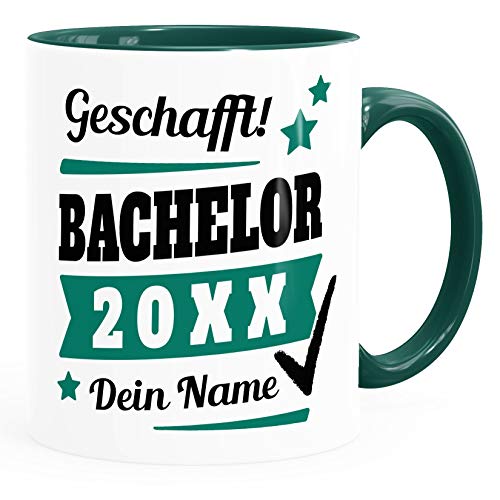 SpecialMe® Tasse Bachelor Abschluss personalisiert mit Namen und Jahr Geschenk Student Studentin Bachelorarbeit inner-grün Keramik-Tasse von SpecialMe