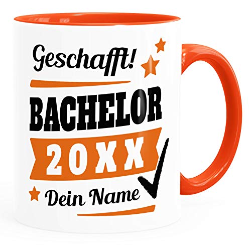 SpecialMe® Tasse Bachelor Abschluss personalisiert mit Namen und Jahr Geschenk Student Studentin Bachelorarbeit inner-orange Keramik-Tasse von SpecialMe